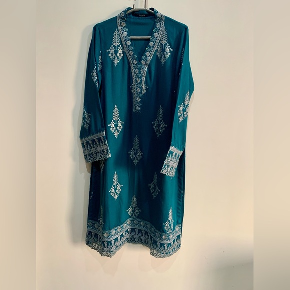 M. BASICS By MARIA. B. Elegant Teal Embroidered Suit - Picture 11 of 16